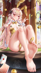 1girl absurdres ace_(playing_card) ace_of_clubs ace_of_hearts ace_of_spades animal_ear_hairband animal_ears arm_support bare_shoulders barefoot between_toes black_bow blush bow breasts card casino_card_table chaser_(warship_girls_r) club_(shape) collar commentary_request detached_collar fake_animal_ears feet ffg-571 floating_card full_body gold_bow gold_leotard hair_between_eyes hair_bow hairband heart heart_pasties highres holding_with_feet indoors knees_up lens_flare leotard long_hair looking_at_viewer nail_polish on_table pasties pink_hair pink_nails playboy_bunny playing_card poker_chip rabbit_ears red_eyes sitting small_breasts smile soles solo spade_(shape) stained_glass table toenail_polish toenails toes warship_girls_r white_collar wrist_cuffs