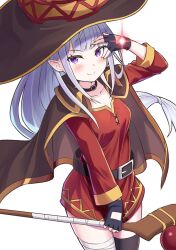 Rule 34 | 1girl, bandaged leg, bandages, belt, belt collar, black cape, black thighhighs, blush, breasts, brown belt, cape, chuunibyou, collar, cosplay, cowboy shot, dress, elf, emilia (re:zero), fingerless gloves, gloves, grey hair, hand over eye, hat, holding, holding staff, long hair, looking at viewer, mage staff, megumin, megumin (cosplay), pointy ears, purple eyes, re:zero kara hajimeru isekai seikatsu, red dress, s (hdru2332), short dress, single thighhigh, smile, solo, staff, takahashi rie, thighhighs, thighs, voice actor connection, white background, white hair, witch hat
