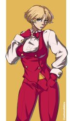 1girl antonubbies blonde_hair blue_eyes bow bowtie breasts earrings female_focus formal_clothes gloves jewelry king_(snk) large_breasts long_sleeves looking_at_viewer open_mouth pale_skin pants shirt short_hair standing suit the_king_of_fighters thick_thighs thighs tuxedo white_shirt wide_hips