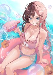 1girl absurdres bandaid bandaid_on_cheek bandaid_on_face bare_arms bare_shoulders bikini blue_eyes breasts brown_hair bubble bubble_gun cleavage collarbone frilled_bikini frills hair_ornament hairclip highres holding innertube isari_sensei large_breasts long_hair looking_at_viewer low_twintails multicolored_hair navel original parted_lips pink_bikini pink_hair solo split-color_hair stomach string_bikini swim_ring swimsuit thighs twintails two-tone_hair very_long_hair water