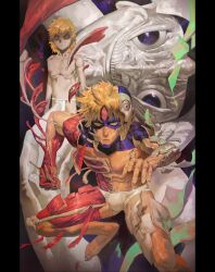 1other 2boys alternate_form barefoot black_border blonde_hair border boxer_briefs child clenched_hand closed_mouth collarbone dandadan evil_eye_(dandadan) evil_smile exposed_muscle facial_mark fighting_stance foot_out_of_frame hieumay highres enjoji_jin looking_at_viewer male_underwear multiple_boys multiple_persona navel outstretched_hand pillarboxed purple_eyes red_eyes sanpaku serious short_hair smile standing taro_(dandadan) third_eye toned toned_male topless_male underwear underwear_only white_loincloth white_male_underwear yellow_eyes