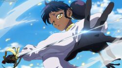 1girl absurdres afro_puffs black_gloves black_hair blue_sky cloud dark-skinned_female dark_skin desscaras earrings gloves gold_earrings highres holding holding_sword holding_weapon jewelry looking_at_viewer madan_no_ichi magimeoka metal_hair_tubes rapier sky solo sword weapon witch yellow_eyes