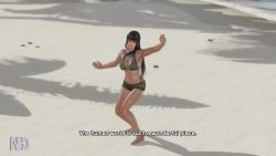 1girl 3d animated beach bikini black_hair breasts cleavage dead_or_alive dead_or_alive_xtreme_3_fortune female_focus green_bikini video navel nyotengu purple_eyes shorts sound swimsuit tagme tan