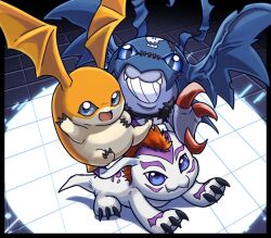 Rule 34 | claws, digimon, digimon (creature), gomamon, grin, la wuchi, no humans, orange fur, patamon, picodevimon, purple fur, smile, two-tone fur, white fur, wings