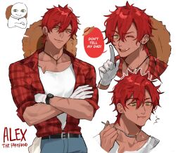 1boy absurdres alex_(degrees_of_lewdity) alex_(male)_(degrees_of_lewdity) character_name collared_shirt crossed_arms dark-skinned_male dark_skin defnotalvoo96 degrees_of_lewdity english_text gloves green_eyes hat highres holding holding_spoon male_focus multiple_views one_eye_closed plaid_clothes plaid_shirt red_hair red_shirt shirt short_hair simple_background speech_bubble spoon straw_hat watch white_background white_gloves white_shirt wristwatch
