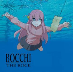 1girl air_bubble album album_art album_cover album_cover_redraw barefoot blowing_bubbles blue_eyes bocchi_the_rock! breasts bubble cover cube_hair_ornament derivative_work fish_hook gotoh_hitori hair_ornament hook jacket kuroyamii long_hair medium_breasts money nevermind nirvana_(band) pink_hair skirt submerged swimming underwater