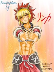 Rule 34 | 1girl, abs, chest sarashi, fire emblem, fire emblem fates, highres, hirabuki masahiro, mask, mask on head, muscular, muscular female, nintendo, rinkah (fire emblem), sarashi, solo, warrior