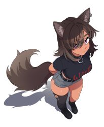 1girl absurdres animal_ear_fluff animal_ear_piercing arms_behind_back belt black_boots black_collar black_shirt boots brown_hair clothes_writing collar commentary dark-skinned_female dark_skin from_above full_body grey_shorts hair_between_eyes highres looking_at_viewer looking_up maidcousin midriff_peek original pink_eyes second-party_source shirt short_hair short_shorts shorts simple_background single_thighhigh solo standing t-shirt thighhighs torn_clothes torn_thighhighs white_background