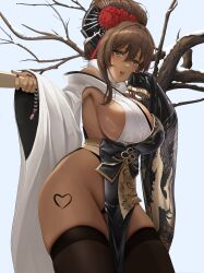 1girl absurdres armpits bare_hips bare_shoulders bare_tree black_nails breasts brown_eyes brown_hair dark-skinned_female dark_skin goddess_of_victory:_nikke hagoita hair_between_eyes hair_ornament hanetsuki highres japanese_clothes kimono large_breasts long_bangs looking_at_viewer noir_(black_rabbit)_(nikke) noir_(nikke) paddle pelvic_curtain shiny_skin sideboob snow solo thick_thighs thighhighs thighs tree user_vcxf5283