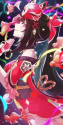 1girl absurdres bare_shoulders bell black_choker black_sash brown_hair butterfly-shaped_pupils choker commentary confetti fish fox_mask goldfish gun gun_to_head handgun highres honkai:_star_rail honkai_(series) long_hair looking_to_the_side mask mask_on_head neck_bell parted_lips pink_hair red_sleeves revolver sash smirk snubnosed_revolver sparkle_(honkai:_star_rail) symbol-shaped_pupils syobonira twintails very_long_hair weapon