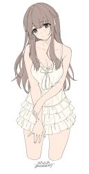 1girl absurdres bare_shoulders bow breasts brown_eyes brown_hair cleavage collarbone dress highres long_hair looking_at_viewer medium_breasts original short_dress simple_background solo unasaka_ryou white_background white_bow white_dress