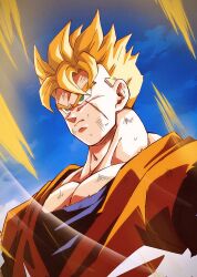 Rule 34 | 1boy, aura, blonde hair, dragon ball, green eyes, highres, muscular, muscular male, pectorals, scar, scar across eye, scar on face, scratches, serious, solo, son gohan (future), spiked hair, super saiyan