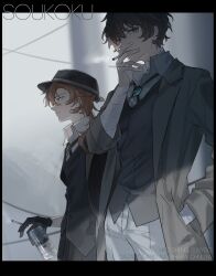 2boys black_hair black_hat black_pants black_suit brown_coat brown_hair bungou_stray_dogs can cigarette coat dazai_osamu_(bungou_stray_dogs) fedora formal_clothes hand_in_pocket hat highres holding holding_can holding_cigarette male_focus medium_hair multiple_boys nakahara_chuuya_(bungou_stray_dogs) pants short_hair smoking suit suyako_(suya93) white_pants