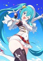 1girl :d aqua_eyes aqua_hair beret black_gloves blue_sky braid breasts commentary confetti fang fingerless_gloves foot_out_of_frame gloves hair_between_eyes hair_ornament hat hatsune_miku highres kamuraaa_615 long_hair looking_at_viewer micro_shorts one_eye_closed open_mouth racing_miku racing_miku_(2023) shorts sideless_outfit signature skin_fang sky smile solo star_(symbol) star_hair_ornament strap thighhighs thighs twintails very_long_hair vocaloid white_hat white_shorts