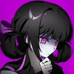 Rule 34 | 1girl, black hair, black shirt, closed mouth, colored skin, double bun, eungo, from side, hair bun, hair rings, hand on own chin, hand up, limited palette, looking down, medium hair, multicolored hair, original, pink hair, portrait, purple background, raised inner eyebrows, sad, shirt, simple background, solo, streaked hair, tearing up, tsurime, turn pale, two-tone hair, white skin
