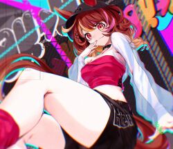 1girl animal_ears blurry blurry_background blush boc&#039;z_(umamusume) breasts brown_hair bucket_hat closed_mouth collarbone commentary_request hair_ornament hat horse_ears horse_girl looking_at_viewer medium_breasts midriff navel north_flight_(umamusume) smile solo thighs umamusume watermark youmou_usagi