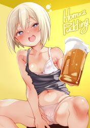 1girl alcohol artist_name beer beer_mug black_tank_top blonde_hair blue_eyes blush bra breasts crotch_seam cup drunk erica_hartmann half-closed_eyes highres holding holding_cup jar loli mug navel no_pants open_mouth panties puddinghomhom short_hair signature simple_background sitting small_breasts smile solo spread_legs squeans strap_slip strike_witches tank_top underwear white_bra white_panties world_witches_series