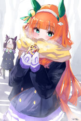 2girls animal_ears anniversary steamed_bun black_pantyhose blank_eyes blue_coat blue_eyes blue_footwear blue_jacket blunt_bangs blunt_ends blush brown_hair can closed_mouth coat covered_mouth e-co ear_covers eating enpera food hair_ornament hairband highres holding holding_can horse_ears horse_girl horse_tail jacket long_hair long_sleeves mittens multicolored_hair multiple_girls orange_hair pantyhose pleated_skirt purple_scarf purple_skirt scarf scarf_over_mouth school_uniform shoes silence_suzuka_(umamusume) skirt smile special_week_(umamusume) streaked_hair tail tracen_school_uniform umamusume upper_body white_hair white_hairband white_mittens yellow_scarf