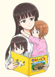 3girls aged_down arms_around_neck blunt_bangs book brown_eyes brown_hair closed_mouth commentary cropped_torso family girls_und_panzer green_shirt headphones holding holding_book long_hair long_sleeves map military military_vehicle mother_and_daughter motor_vehicle multiple_girls mutsu_(layergreen) nishizumi_maho nishizumi_miho nishizumi_shiho pink_shirt shirt short_hair short_sleeves siblings simple_background sisters sitting sitting_on_lap sitting_on_person smile straight_hair t-shirt tank tank_shell tiger_i translated white_background white_shirt