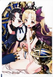 2girls absurdres aged_down arm_support artist_name bare_arms bare_shoulders bib black_hair black_ribbon blonde_hair border bow cape carrot_print chungu earrings ereshkigal_(fate) fate/grand_order fate_(series) feet_out_of_frame food_print forehead frills hair_bow hand_in_another&#039;s_hair hand_up highres hood hooded_cape ishtar_(fate) jewelry lens_flare long_hair looking_at_viewer multiple_girls neck_ribbon open_mouth page_number purple_bow purple_cape red_eyes ribbon scan seiza shadow simple_background single_thighhigh sitting sweat thighhighs thighs tiara translation_request twintails very_long_hair white_background white_border