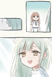 2girls bang_dream! bang_dream!_it&#039;s_mygo!!!!! belt blue_belt blue_eyes blue_ribbon blush brown_hair commentary_request dress green_hair hair_ornament hairclip highres long_hair lyy mortis_(bang_dream!) mortis_(persona)_(bang_dream!) multiple_girls nagasaki_soyo neck_ribbon open_mouth puffy_short_sleeves puffy_sleeves ribbon school_uniform short_sleeves teeth tsukinomori_school_uniform upper_teeth_only wakaba_mutsumi white_dress yellow_eyes