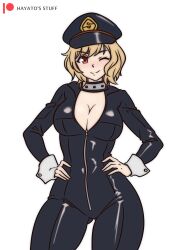 1girl absurdres alternate_costume blonde_hair boku_no_hero_academia breasts citrinne_(fire_emblem) cleavage closed_mouth commentary cosplay crossover english_commentary fire_emblem fire_emblem_engage hayato_stuff highres large_breasts nintendo red_eyes smile solo utsushimi_kemii utsushimi_kemii_(cosplay) white_wrist_cuffs wrist_cuffs zipper