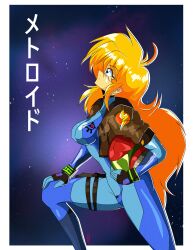 1990s_(style) 1girl absurdres big_hair blonde_hair blue_eyes bodysuit breasts gloves helmet highres jacket large_breasts long_hair looking_up metroid mole nintendo peachyboi retro_artstyle samus_aran sidelocks smile thick_thighs thighs zero_suit