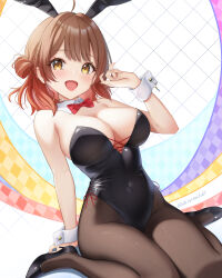 1girl ahoge akiei animal_ear_hairband animal_ears argyle_background black_leotard black_shoes blush bow bowtie breasts brown_hair brown_pantyhose commentary_request covered_navel detached_collar dotted_line fake_animal_ears fingernails gakuen_idolmaster gradient_hair hairband hanami_ume high_heels highres hiphighs idolmaster large_breasts leotard looking_at_viewer multicolored_hair orange_hair pantyhose playboy_bunny rabbit_ear_hairband rabbit_ears red_bow red_bowtie shoes sitting smile solo strapless strapless_leotard twitter_username wariza wrist_cuffs