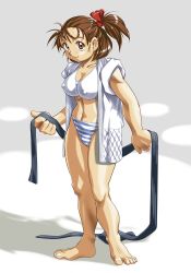 1girl adk barefoot belt blush bow breasts brown_eyes brown_hair cleavage covered_erect_nipples dressing highres hinokawa_jun izumo_ryoko large_breasts legs long_hair looking_at_viewer navel open_clothes panties ponytail side_ponytail smile snk striped_clothes striped_panties tank_top toned underwear white_panties white_tank_top world_heroes