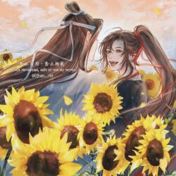 2boys ahoge artist_name black_hair black_hanfu brown_hair chinese_clothes cloud falling_petals fangs field flower hair_ribbon hanfu headband high_ponytail highres lan_wangji light_particles long_hair long_sleeves looking_at_another male_focus modao_zushi multiple_boys ojisan_rbt open_mouth orange_sky outdoors petals ponytail purple_eyes red_ribbon ribbon sidelocks sky smile sunflower teeth tongue topknot twitter_username upper_body watermark wei_wuxian white_hanfu white_headband xiao_guan_(headdress) yaoi yellow_flower