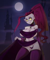1girl breasts castle colored_sclera gruftine herny highres large_breasts long_hair monster_girl moon panties pointy_ears ponytail red_hair school_for_vampires smile thighhighs underwear vampire yellow_sclera