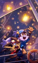 2boys absurdres animal_ears arm_up artist_name blue_eyes blue_shirt boat brown_hair bug crying efi_arts fang fireflies firefly furry furry_male gloves goggles goggles_on_head guntz hat highres hug insect jacket kaze_no_klonoa klonoa looking_up male_focus multiple_boys night night_sky open_mouth outdoors railing red_jacket shirt shoes short_sleeves shorts sky smile tail tearing_up teeth upper_teeth_only watercraft waving white_gloves yellow_eyes yellow_gloves
