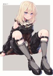 1girl bang_dream! bang_dream!_it&#039;s_mygo!!!!! black_dress black_shoes blonde_hair border brown_corset closed_mouth clothing_cutout commentary corset doloris_(bang_dream!) dress grey_background grey_socks hair_between_eyes high_heels highres kneehighs long_sleeves looking_at_viewer medium_hair misumi_uika outside_border purple_eyes rousei shoes shoulder_cutout socks solo white_border