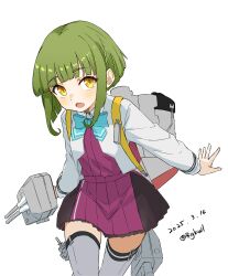 1girl absurdres adapted_turret aqua_bow aqua_bowtie bigkwl blush bob_cut bow bowtie braid brown_eyes cowboy_shot dated green_hair grey_thighhighs highres jacket kantai_collection long_sleeves looking_at_viewer machinery open_mouth pleated_skirt purple_skirt purple_vest rigging school_uniform ship_turret shirt short_hair short_hair_with_long_locks sidelocks skirt smokestack solo takanami_(kancolle) takanami_kai_ni_(kancolle) thighhighs torpedo_launcher torpedo_tubes twitter_username vest wavy_hair white_background white_shirt