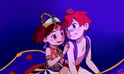 1boy 1girl aladdin_(movie) arabian_clothes bandaid bandaid_on_face blue_eyes brown_hair green_eyes hat hikaru_(saru_getchu) jewelry looking_at_another magic_carpet midriff navel night pants parody red_hair saru_getchu sayaka_(saru_getchu) sitting smile sony twintails