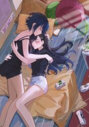 2girls bed beer_can belt bite_mark bite_mark_on_neck bite_mark_on_shoulder black_belt black_camisole black_hair black_shirt black_shorts blanket blue_hair blue_shorts blush camisole can closed_eyes crushed_can drink_can fur-trimmed_shorts fur_trim gradient_hair hair_ornament hairclip hand_on_another&#039;s_head hashtag-only_commentary highres hug kiritani_haruka lace-trimmed_shorts lace_trim long_hair miya_hiroya_(vie) morning multicolored_hair multiple_girls on_bed parted_lips pillow project_sekai shiraishi_an shirt short_hair shorts sleeping star_(symbol) star_hair_ornament table window_shadow yuri