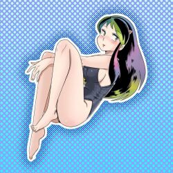 1girl angf3uzzu4r9uuk barefoot black_one-piece_swimsuit blue_background breasts clothing_cutout cone_horns dithering eyelashes feet from_side full_body gradient_hair green_eyes green_hair horns knees_up long_hair looking_at_viewer lum multicolored_hair one-piece_swimsuit pointy_ears polka_dot polka_dot_background purple_hair side_cutout sideboob sidelocks solo swimsuit toes urusei_yatsura