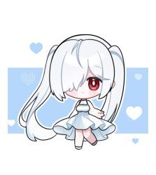 1girl alternate_costume bare_shoulders chibi cinderella_(nikke) deformed dress full_body goddess_of_victory:_nikke halterneck heart long_hair looking_at_viewer momori_sensei red_eyes shirt simple_background sleeveless solo spaghetti_strap twintails very_long_hair white_background white_dress white_hair white_shirt
