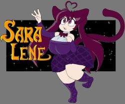 Rule 34 | 1girl, ahoge, animal ears, bare shoulders, black background, bow, bowtie, breasts, cat ears, cat tail, full body, greenlow, grey background, heart, heart ahoge, heart-shaped hair, indie virtual youtuber, large breasts, logo, plaid clothes, plaid skirt, plaid socks, purple eyes, purple hair, purple skirt, purple socks, purple top, saralene, skirt, socks, solo, star (symbol), star eyes, star in eye, stars, symbol in eye, tail, thighs, twintails, virtual youtuber