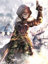 Rule 34 | 2girls, ahagon umiko, artist request, ballistic shield, belt, brown eyes, brown hair, dark-skinned female, dark skin, firing, gloves, gun, holding, holding gun, holding weapon, hood, jacket, looking to the side, mask, military, military uniform, mouth mask, multiple girls, new game!, official art, outdoors, sakura nene, shell casing, shield, short eyebrows, standing, weapon