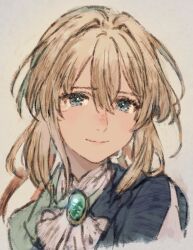 Rule 34 | 1girl, ascot, blonde hair, blue eyes, closed mouth, gem, green gemstone, grey background, hair between eyes, hair intakes, highres, light smile, long hair, looking at viewer, maeka (kumaekake), portrait, sidelocks, solo, tears, upper body, violet evergarden, violet evergarden (series), white ascot
