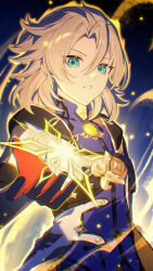 1boy albedo_(genshin_impact) aqua_eyes black_gloves blonde_hair blue_eyes coat genshin_impact gloves glowing hair_between_eyes highres long_sleeves magic male_focus medium_hair parted_lips red_gloves shirt so_zei_tama_tama solo teeth vision_(genshin_impact)