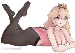1girl ass bare_shoulders black_pantyhose blonde_hair blue_eyes blush breasts cleavage closed_mouth crown earrings highres jewelry large_breasts leotard long_hair looking_at_viewer lying mario_(series) mourderousx nintendo on_stomach pantyhose pink_leotard princess_peach simple_background smile solo sphere_earrings white_background