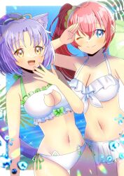 :d ;) animal_ears arm_up bare_arms bare_shoulders bikini blue_eyes blue_sky blush breasts brown_eyes cat_cutout cat_ear_bikini cat_ears cat_girl cat_tail cinnamon_(nekopara) cleavage cleavage_cutout closed_mouth clothing_cutout collarbone commentary_request commission day groin hair_between_eyes kou_hiyoyo large_breasts long_hair navel nekopara ocean one_eye_closed open_mouth original purple_hair red_hair salute side-tie_bikini_bottom side_ponytail skeb_commission sky smile swimsuit tail water white_bikini