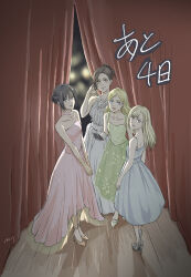 Rule 34 | absurdres, alternate hairstyle, annie leonhart, bare shoulders, blue dress, blue eyes, brown eyes, brown hair, cellphone, choker, countdown illustration, dress, formal clothes, green dress, grey eyes, hair ornament, hair up, high heels, highres, krista lenz, looking at viewer, meguru (yachihlu), mikasa ackerman, official art, phone, pink dress, sasha blouse, shingeki no kyojin, sleeveless, smartphone, smile, white dress