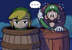 Rule 34 | ..., arm up, barrel, black eyes, blonde hair, brown hair, crossover, facial hair, gloves, green hat, green shirt, hand up, hat, link, looking at viewer, luigi, mario &amp; luigi rpg, mario (series), motion lines, mustache, night, nintendo, no mouth, no pupils, outdoors, scene reference, shirt, short hair, sidelocks, speech bubble, straight-on, sweat, the legend of zelda, the legend of zelda: the wind waker, toon link, trembling, water, wavy mouth, white gloves, ya mari 6363