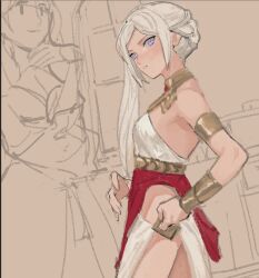 2girls arabian_clothes arm_guards armlet bracelet breasts circlet commentary_request dancer dancer_(fire_emblem:_three_houses) dorothea_arnault dress earrings edelgard_von_hresvelg fire_emblem fire_emblem:_three_houses from_side hair_ornament hair_ribbon jewelry long_hair looking_at_viewer looking_to_the_side midriff monochrome_background multiple_girls nintendo parted_bangs parted_lips ponytail purple_eyes revealing_clothes ribbon side_ponytail simple_background single-shoulder_dress sketch solo soramame_(corndog) white_hair