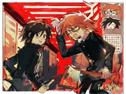 Rule 34 | 2boys, axe, black coat, black eyes, boxcutter, brown hair, chinese commentary, coat, commentary request, gakuran, glasses, gloves, hallway, holding, holding axe, holding boxcutter, indoors, looking at viewer, looking back, male focus, multiple boys, orange hair, randal&#039;s friends, randal ivory, school, school uniform, shan hou, short hair, tsukada satoru, white gloves