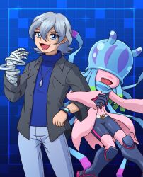 bandaged_arm bandages blue_eyes digimon digimon_(creature) digimon_ghost_game higashimitarai_kiyoshiro highres jellyfish_girl monster_girl no_eyes rubisapa short_hair tentacle_hair tentacles teslajellymon white_hair