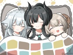 3girls :d ^_^ ahoge animal_ear_fluff animal_ears ascot bare_shoulders beret black_ascot black_hair blanket blush blush_stickers braid brown_hair chibi closed_eyes closed_mouth collared_shirt curled_horns demon_horns facing_viewer fox_ears frilled_pillow frills girl_sandwich goat_horns grey_hair hair_between_eyes hakua_(vrchat) hat highres horns long_hair lucifer_(vrchat) lying multiple_girls on_back open_mouth pillow ponytail sandwiched sheep_ears sheep_girl sheep_horns shirt signature sleeping sleeveless sleeveless_shirt smile tochisa_(tochisa513) twitter_username under_covers ururu_(vrchat) very_long_hair vrchat white_background white_shirt